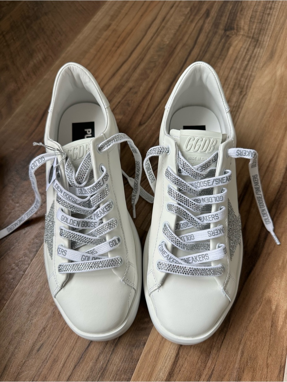 Golden Goose White Leather Sneakers with Silver Crystal Star Accent - Picture 11 of 14